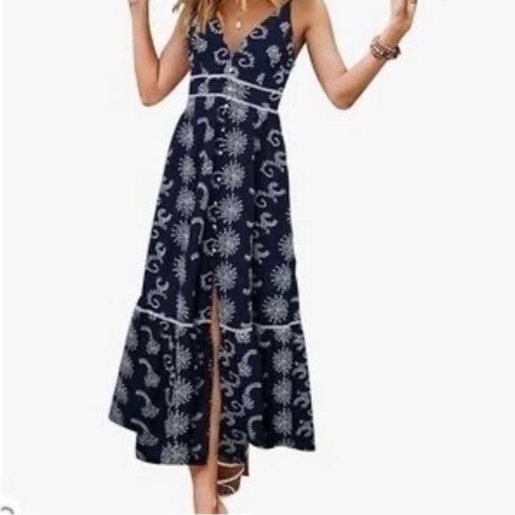 Simplee Allover Print Ruffle Hem Cami Dress Blue White XL - Picture 5 of 13